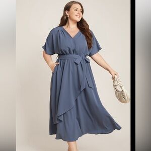 BloomChic Plain Dolman Sleeve Pocket Belted Surplice Neck Flutter Dress XL